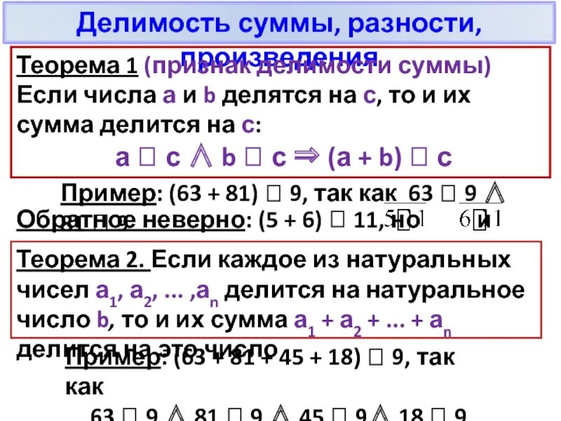 Приведите пример суммы двух натуральных чисел. Свойства делимости суммы и произведения. Свойства делимости произведения. Делимость суммы и разности. Свойства делимости суммы и разности.