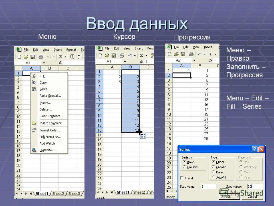 Тест по теме ms excel. Правка заполнить прогрессия. Меню правка. Меню правка в эксель. Правка прогрессия в excel.