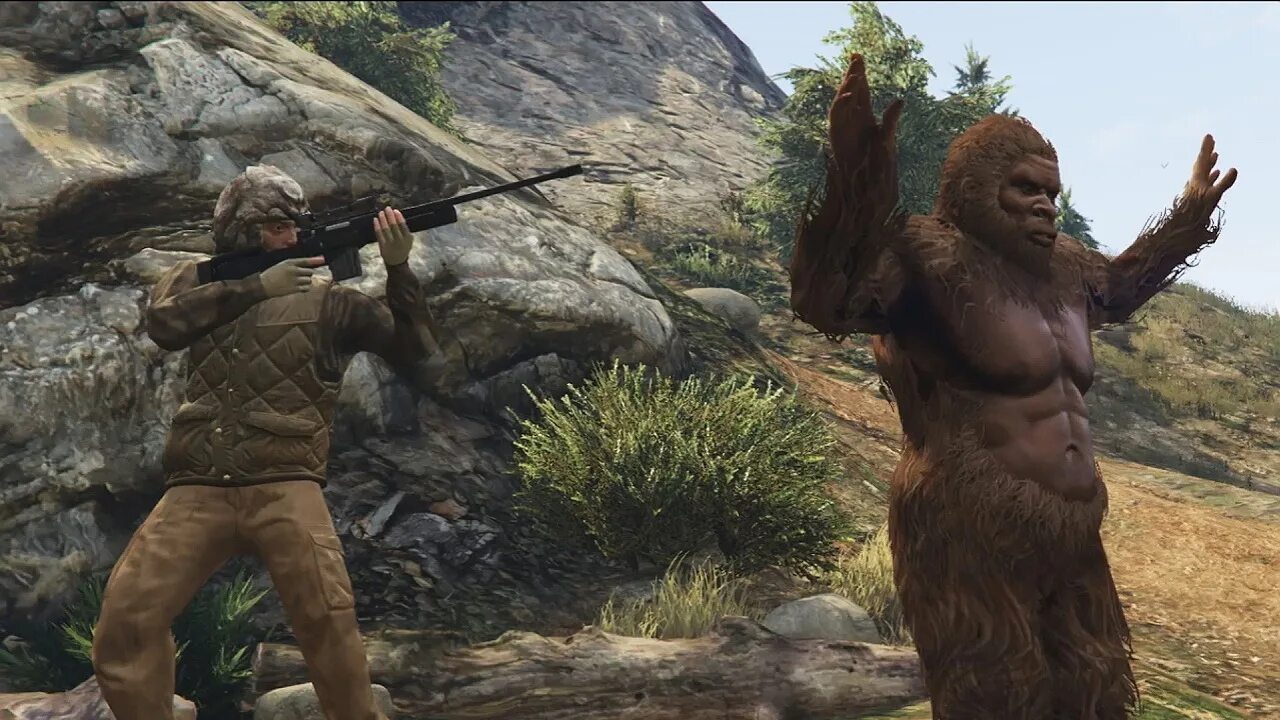 5 охотников охотятся на человека. GTA 5 Bigfoot. Бигфут в ГТА 5. GTA 5 охота. Снежный человек в ГТА 5.