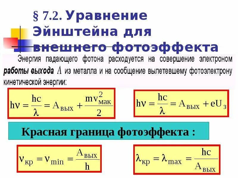 Работа выхода электрона фотоэффект. Уравнение Эйнштейна для внешнего фотоэффекта. Формула Эйнштейна для внешнего фотоэффекта. Уравнение Эйнштейна для внешнего фотоэффекта формула. Уравнение внешнего фотоэффекта формула.