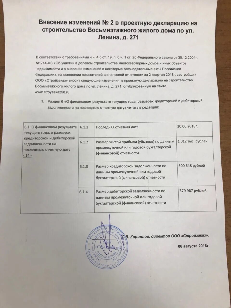 Внесение изменений в проектную декларацию