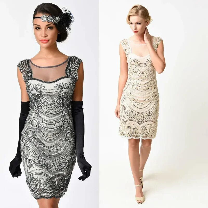 Plus Size 1920s Style Champagne Beaded Fringe Aurore Flapper Dress 1920s vintage
