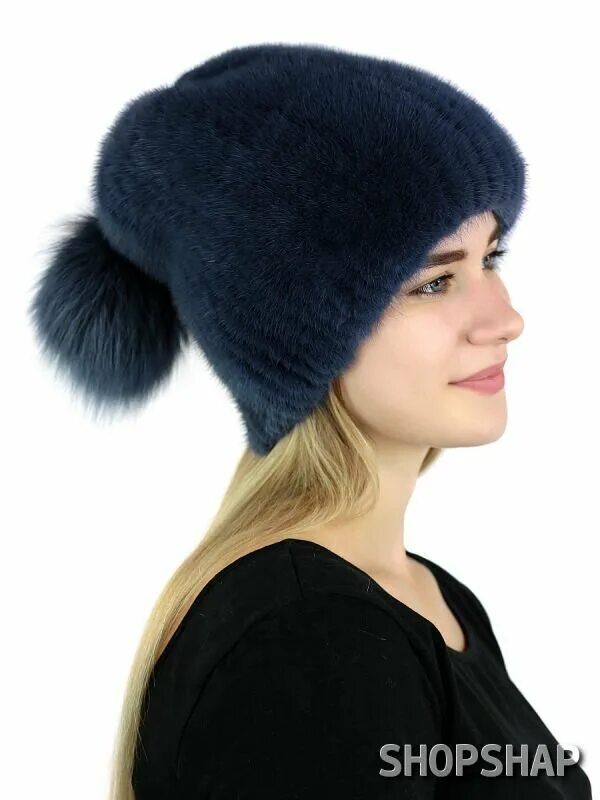 вязаные норковые шапки с помпоном. шапка из норки с помпоном.