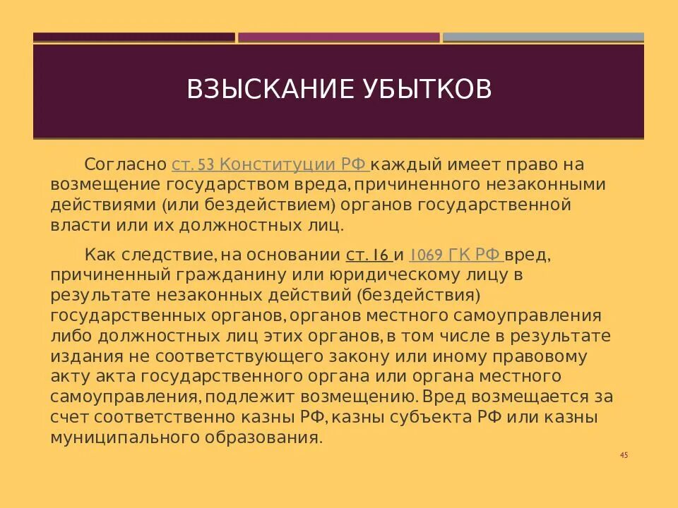 Возмещение убытков государством. Право на возмещение государством вреда. Ст 53 Конституции. Право на возмещение государством вреда причиненного незаконными. 53 Статья Конституции.