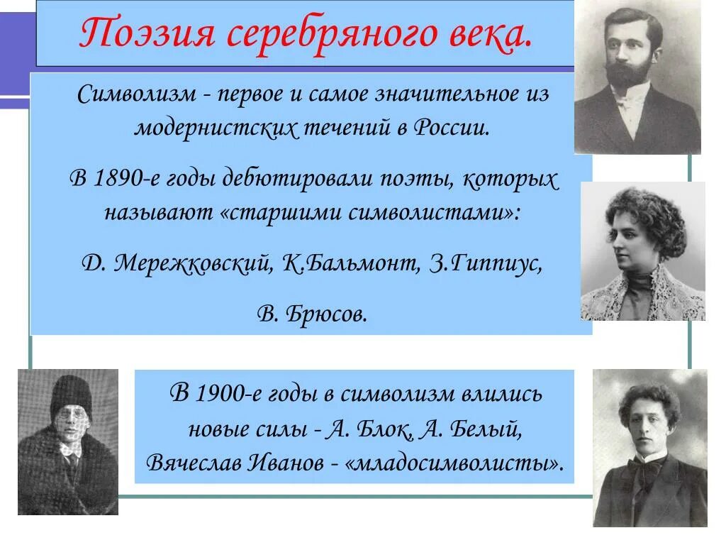 Русская поэзия 20 века урок 6 класс. Символизм поэты серебряного века. Поэты серебряного века Старшие символисты. Символисты 20 века в литературе в России. Серебряный век поэты символисты.