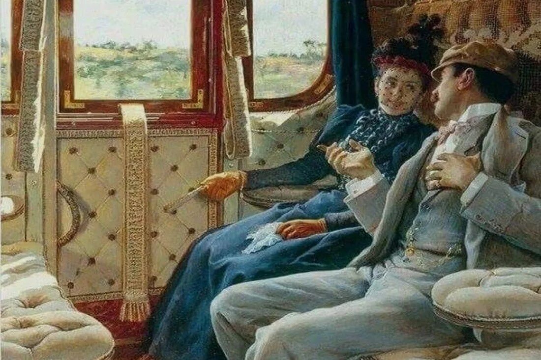 Ехала в поезде муж. Поезд живопись. Люди в поезде живопись. Офицер и дама. Барышня в поезде картина.