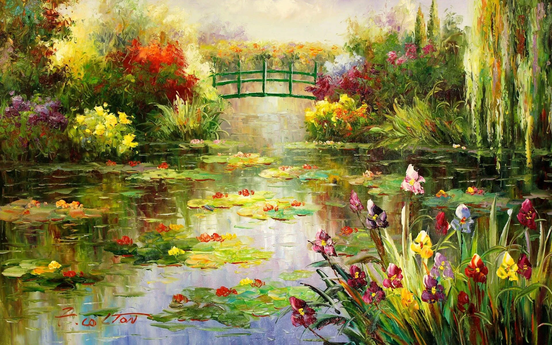 Обои картины. Клод Моне пруд с цветами. Клод Моне ирисы у пруда. Клод Моне мостик у пруда с кувшинками. «Пруд с кувшинками» (1899).