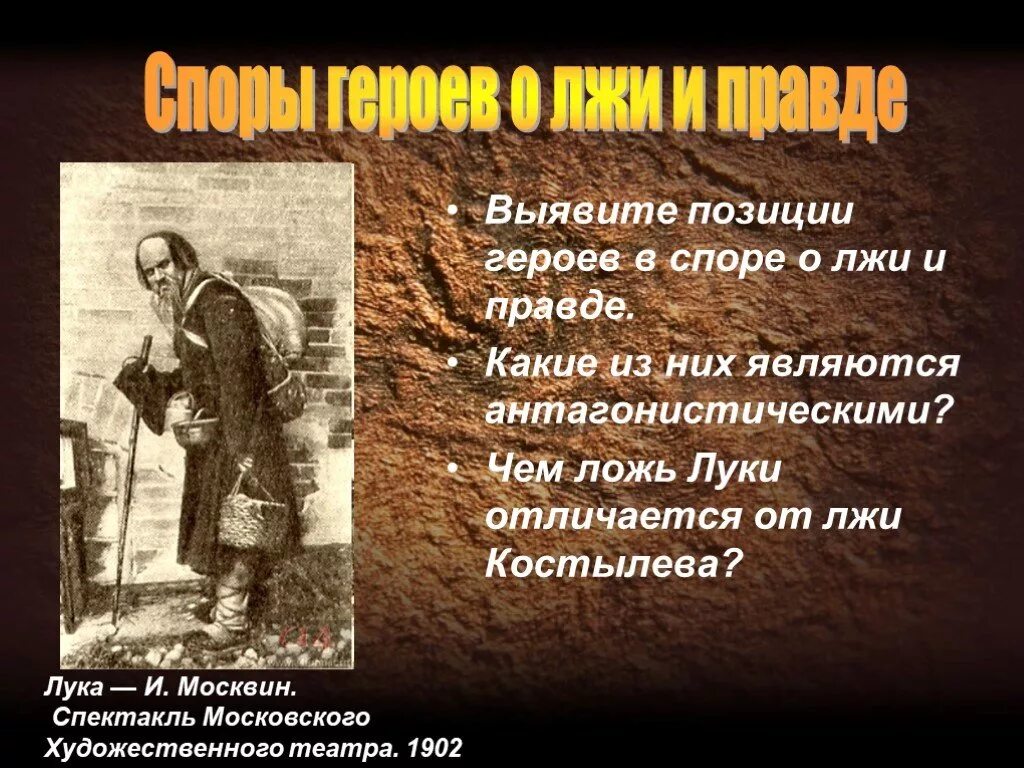 На дне позиции героев в споре о лжи и правде. Спор о правде. На дне спор о правде.