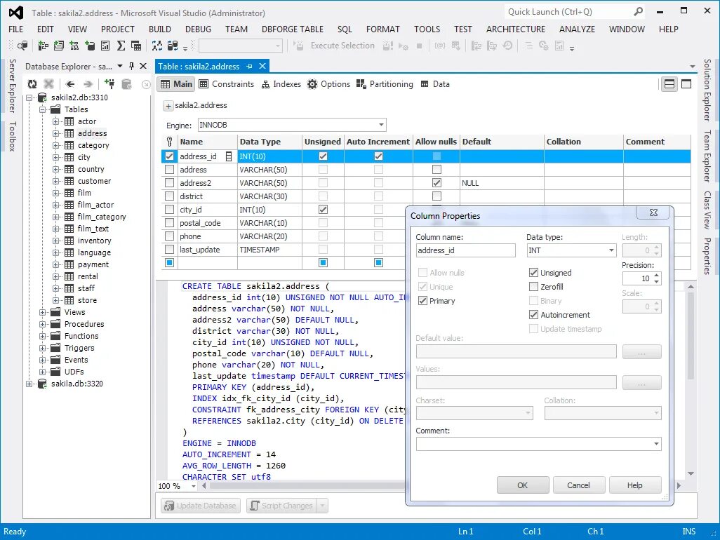 Mysql for visual studio. База данных в visual studio. visual database tools. create table mysql. sakila database что это.