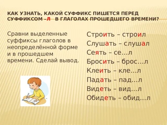 Правописание суффикса перед л в глаголах прошедшего времени. Правило суффикс л в глаголах прошедшего времени. Суффиксы глаголов в форме прошедшего времени. Правописание гласной перед суффиксом л в глаголах прошедшего времени. Правописание гласной перед суффиксом л в глаголах