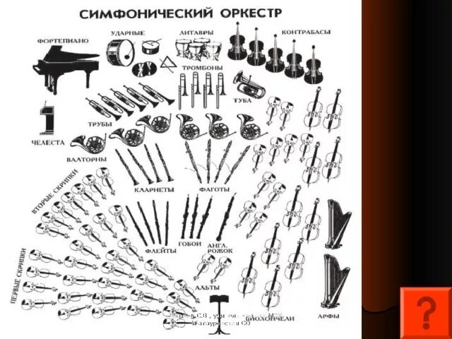 Схема расположения инструментов симфонического оркестра с названиями Instrumente des Orchesters Diagramm Diagram Quizlet