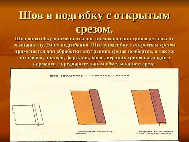 Шов в подгибку с открытым срезом схема. Обработка швом в погдгибку с открытым срезом. Шов в подгибку с открытым обметанным срезом. Окантовочный шов с открытым срезом.