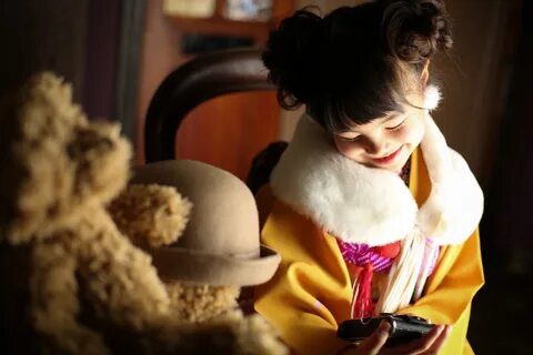 Cute Japanese girl in kimono, near the cute Teddy Bear picture with tags:.....