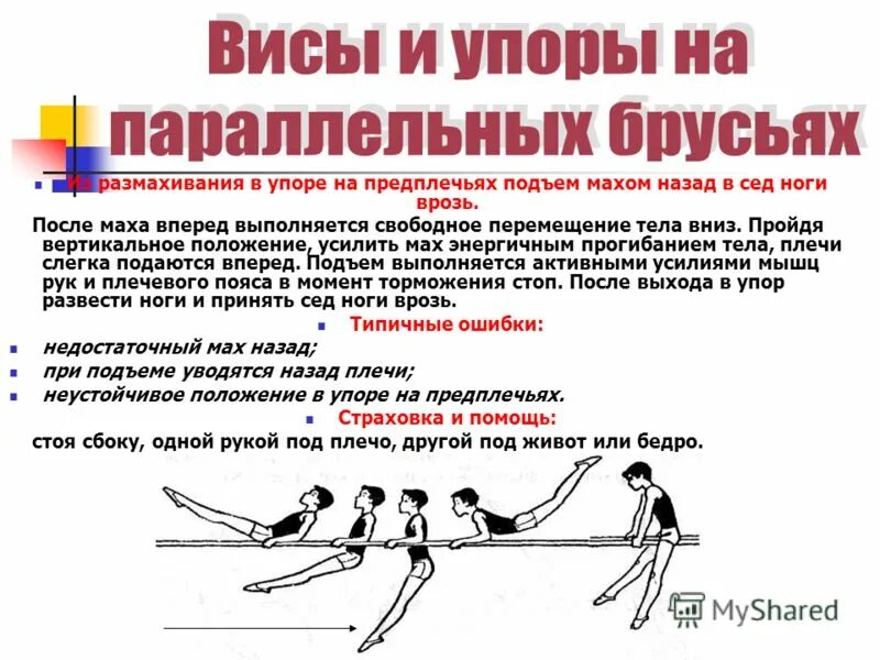 висы и упоры. соскок махом вперед на брусьях техника. подъем переворотом махом. подъем махом вперед в сед ноги врозь на брусьях. размахивание в упоре на предплечьях.