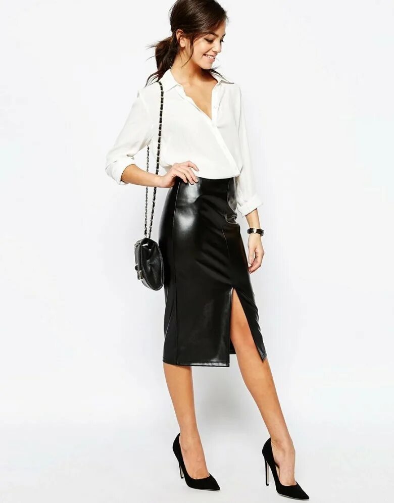 Юбка с запахом. Кожаная юбка с вырезом. Кожаная юбка с разрезом. Кожаная юбка с вырезом. Кожаная облегающая юбка.