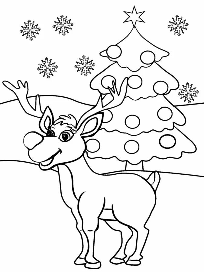 Рисунок оленя на новый год. Олень Рудольф раскраска. Олень Рудольф раскраска для детей. Олень с елочкой раскраска. Елка с оленем раскраска.