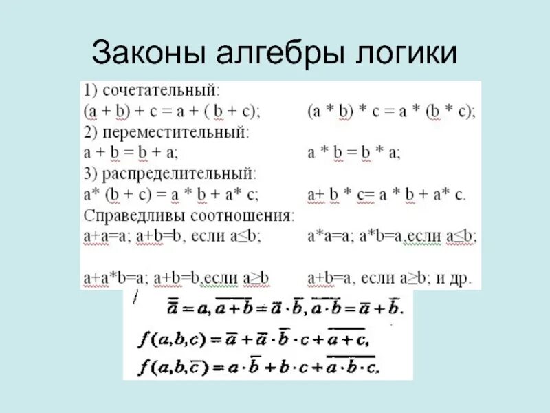 Закон 6.2. Основные законы алгебры логики переместительный. Сочетательный закон алгебры логики. Распределительный закон алгебры логики. Основные законы алгебры логики закон переместительный.