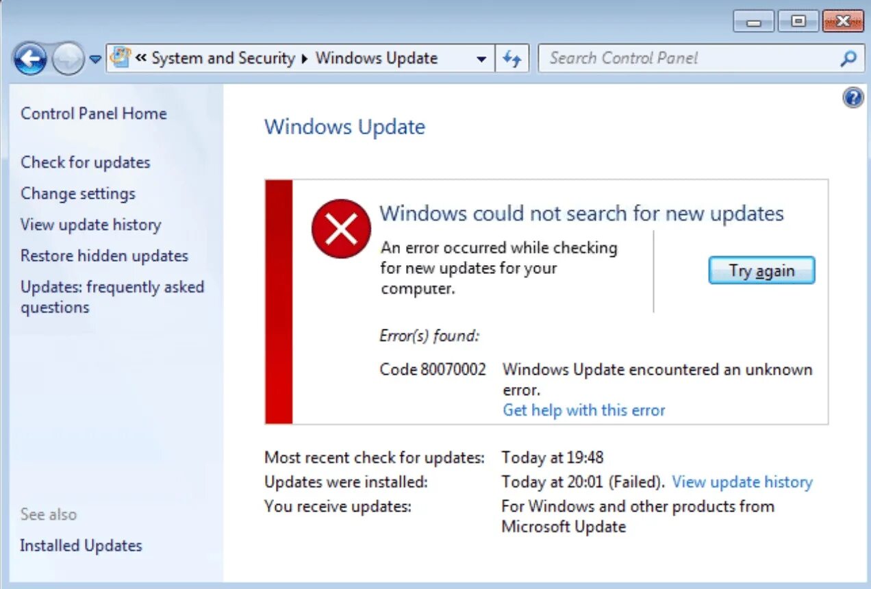 Ошибка Windows. Ошибка 0x80070002. Ошибка Windows 7. Ошибка виндовс 10. Most recent update