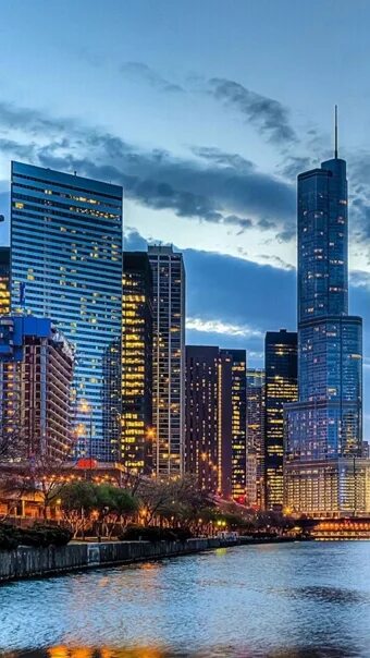Картинка на рабочий стол usa, chicago, чикаго, здания, illinois, река, зима, неб