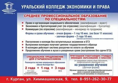 Колледж курган после 9 класса специальности