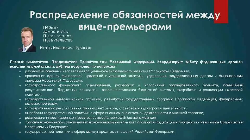 Заместитель председателя правительства. Обязанности председателя правительства РФ. Функции заместителей председателя правительства РФ. Функции правительства РФ. Реализация функции правительства