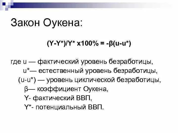 Закон Оукена. Коэффициент Оукена. Безработицы коэффициент Оукена. Закон Оукена безработица.