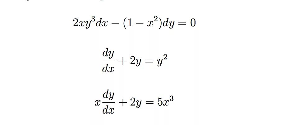 (X^2-3xy)DX-(4+3x^2/2)dy=0. Y/X^2dx-(XY+1)/XDY=0. (XY-XY^3)DX+dy=0. DX/X+1=dy. Xy 2x 0