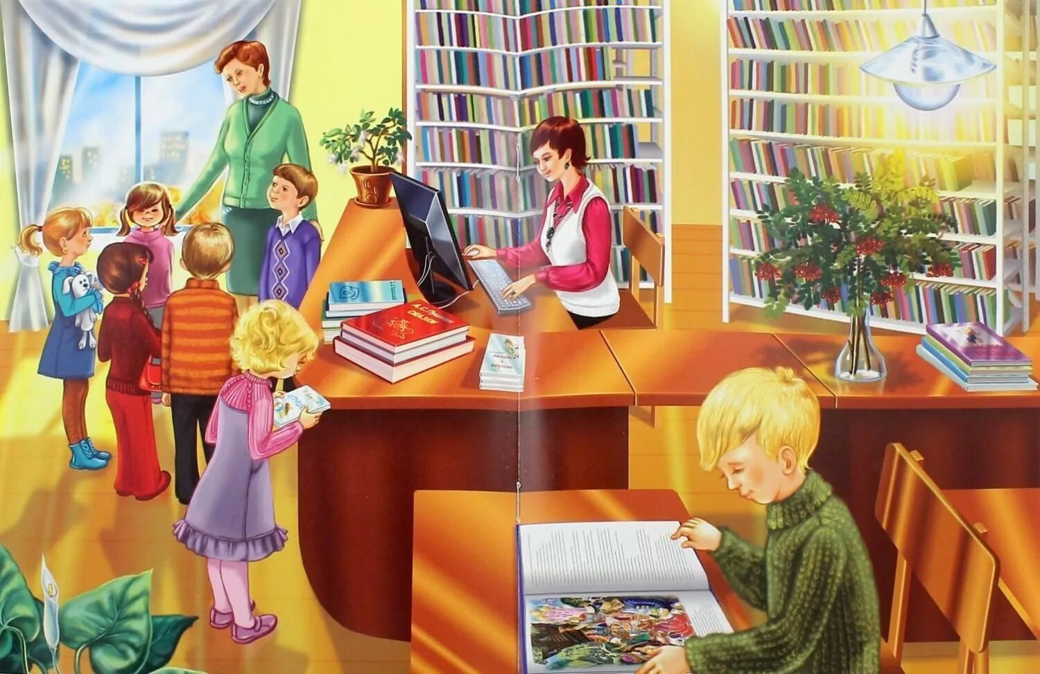 Картины на тему школа. Дети в библиотеке. Чтение книг в старшей группе