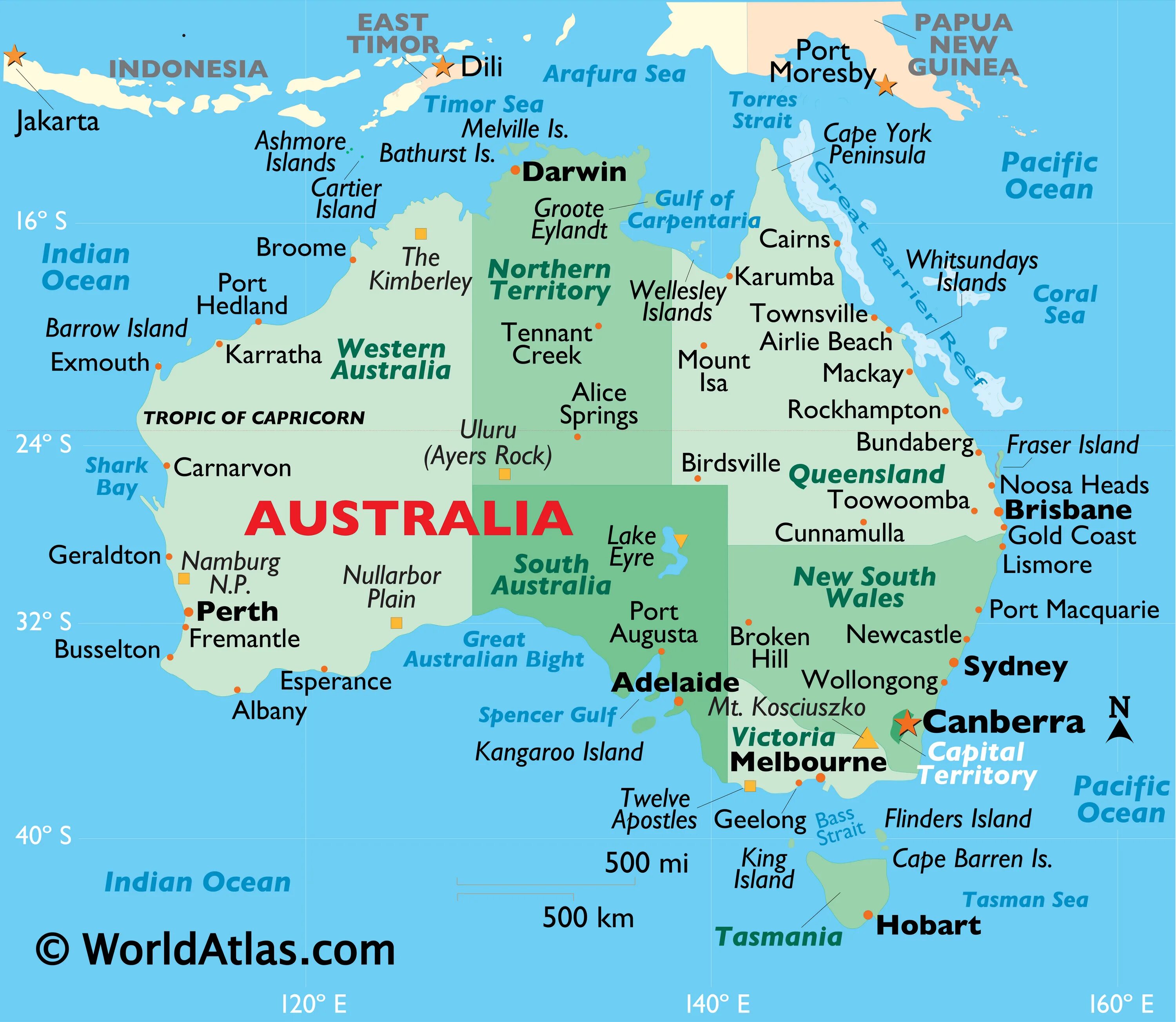 Залив Каприкорн на карте Австралии. Страны Австралии на карте.