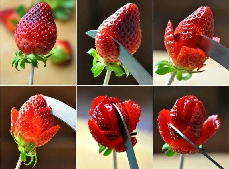 Как красиво нарезать клубнику. Украшение из клубники. розочка из клубники. цветы из клубники для украшения торта. красиво нарезать клубнику.