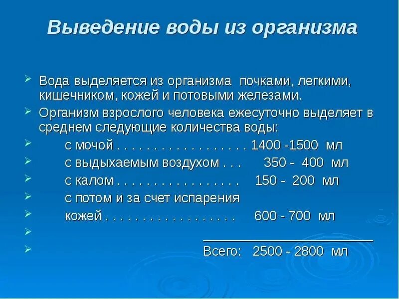 Сколько можно вывести из россии. Выведение воды из организма. Сколько жидкость выводится из организма человека. Вывод воды из организма. Выделение жидкости из организма.