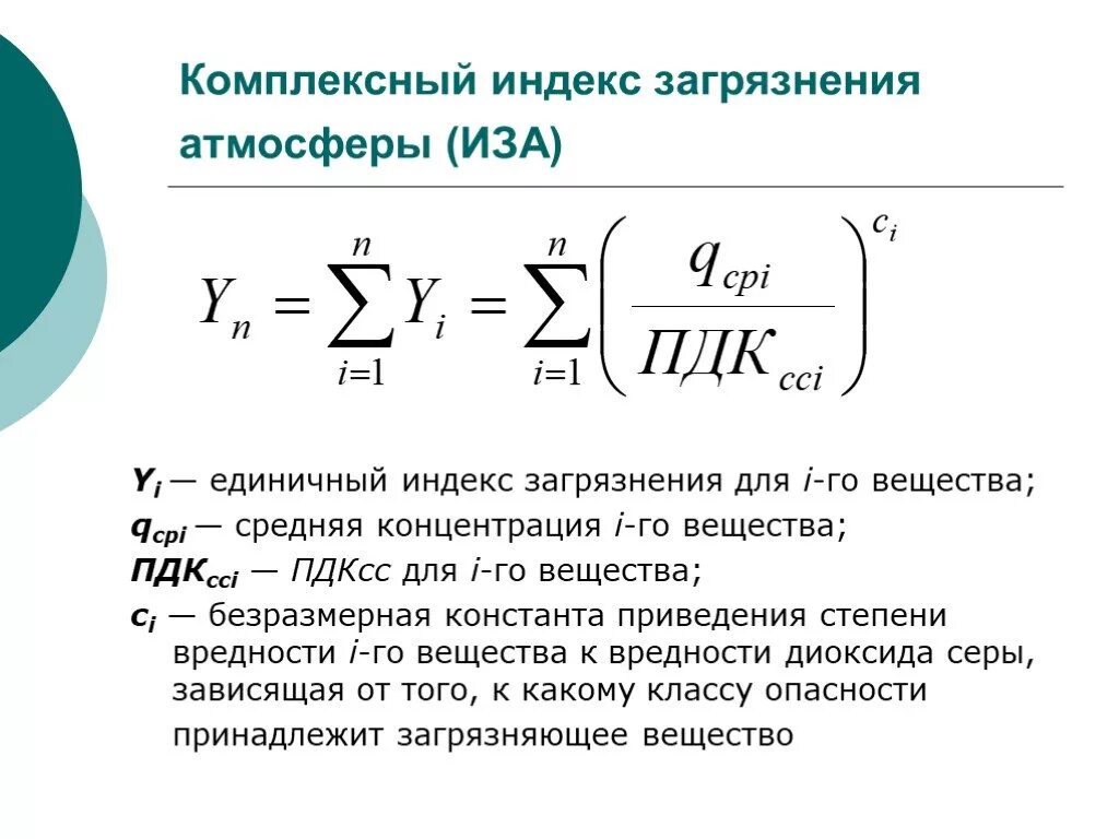 Расчеты загрязнения атмосферного воздуха. Формула расчета индекса загрязнения атмосферы. Индекс загрязнения атмосферы класс опасности. Формулы расчета комплексного индекса загрязнения атмосферы. Индекс загрязнения воздуха формула.