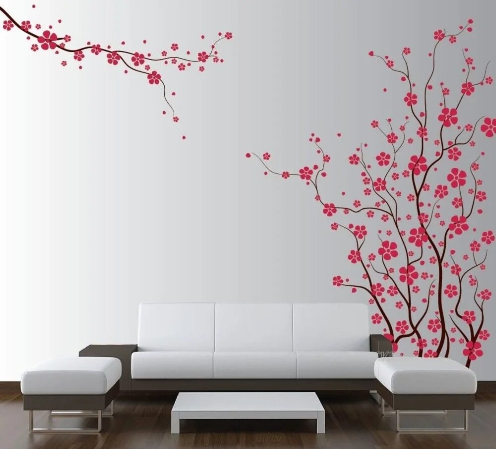 Сакура на стене. Ветка Сакуры на стене. Дерево Сакуры на стене. Фотообои с цветами на стену. Нарисованные цветы на стене в интерьере.