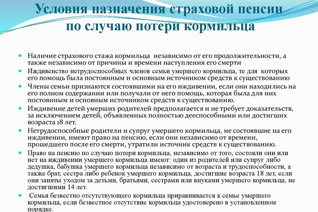 Выплаты в случае потери кормильца. Условия назначения пенсии по потере кормильца схема. условия назначения пенсии по потере кормильца таблица. при каких условиях назначается пенсия по случаю потери кормильца?. порядок определения права на страховую пенсию по потере кормильца.
