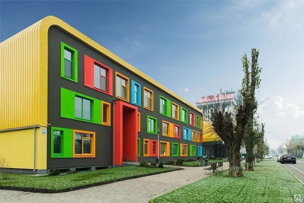 Купить фасад яркая жизнь. Детский сад фасад. Детский сад фасады современные. Яркие фасады. Яркие фасады зданий.