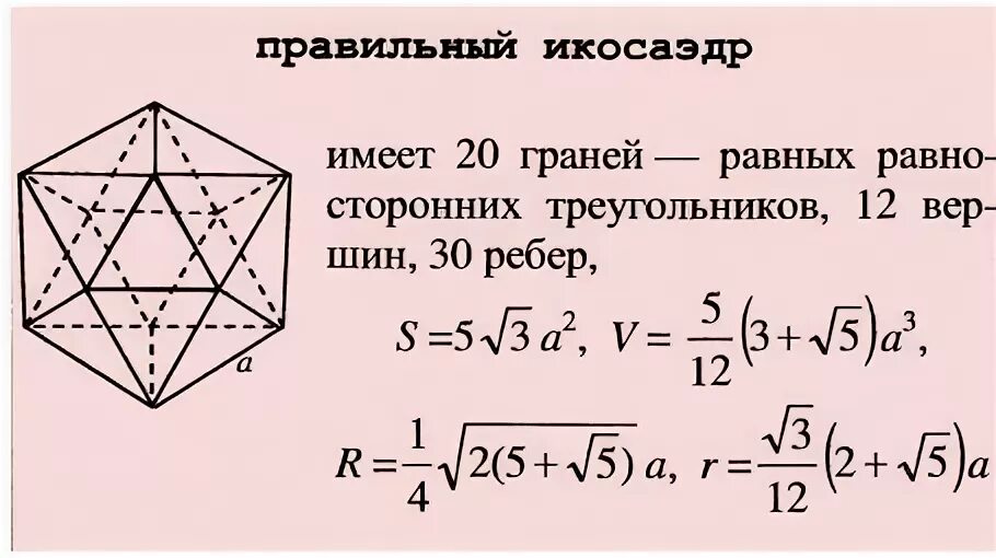 Площадь поверхности октаэдра равна. Площадь поверхности правильного икосаэдра. Площадь поверхности икосаэдра формула. Площадь поверхности правильного икосаэдра формула. Площадь полной поверхности икосаэдра формула.