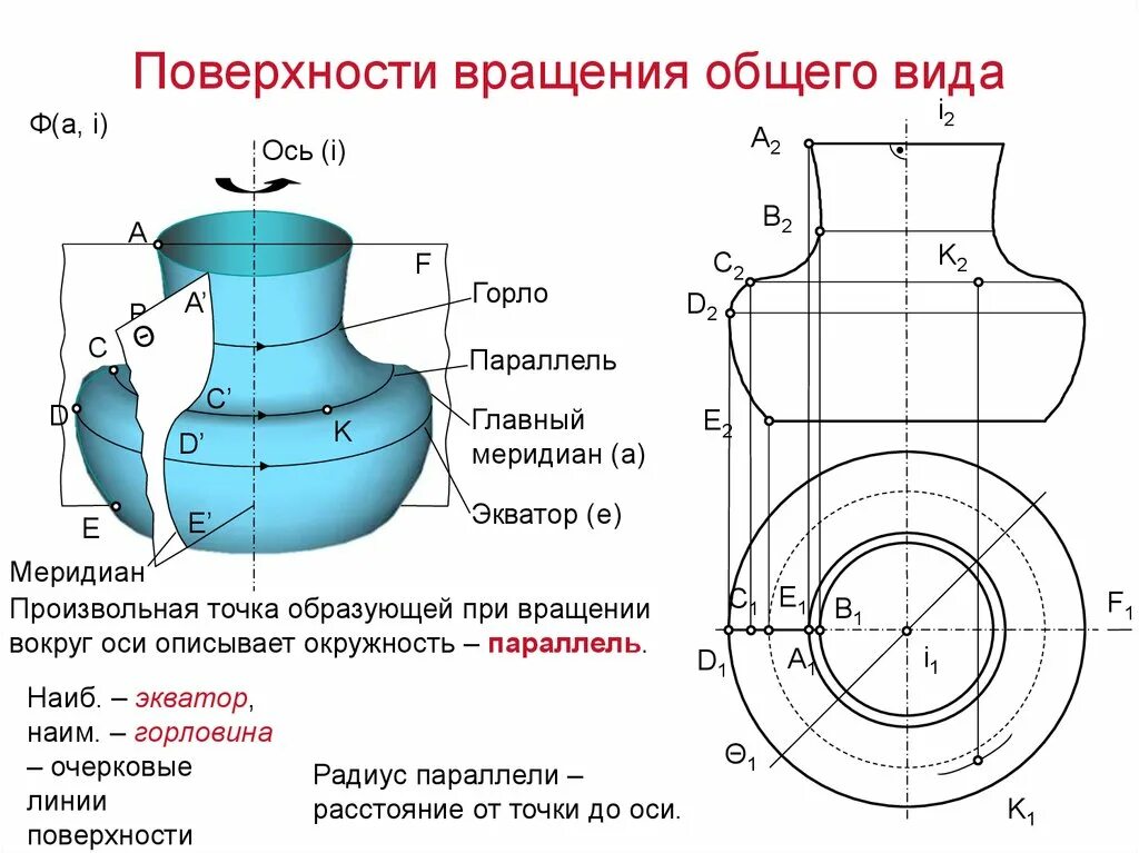 Типы задания поверхности. Поверхности вращения. Основные элементы поверхности вращения. Ось поверхности вращения это.