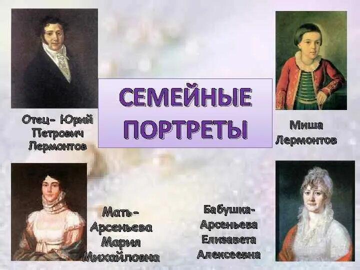 Семья михаила юрьевича. Семья м.ю.Лермонтова. Семья Михаила Юрьевича Лермонтова. Портреты Лермонтова и его семьи. Мать отец и бабушка Лермонтова.