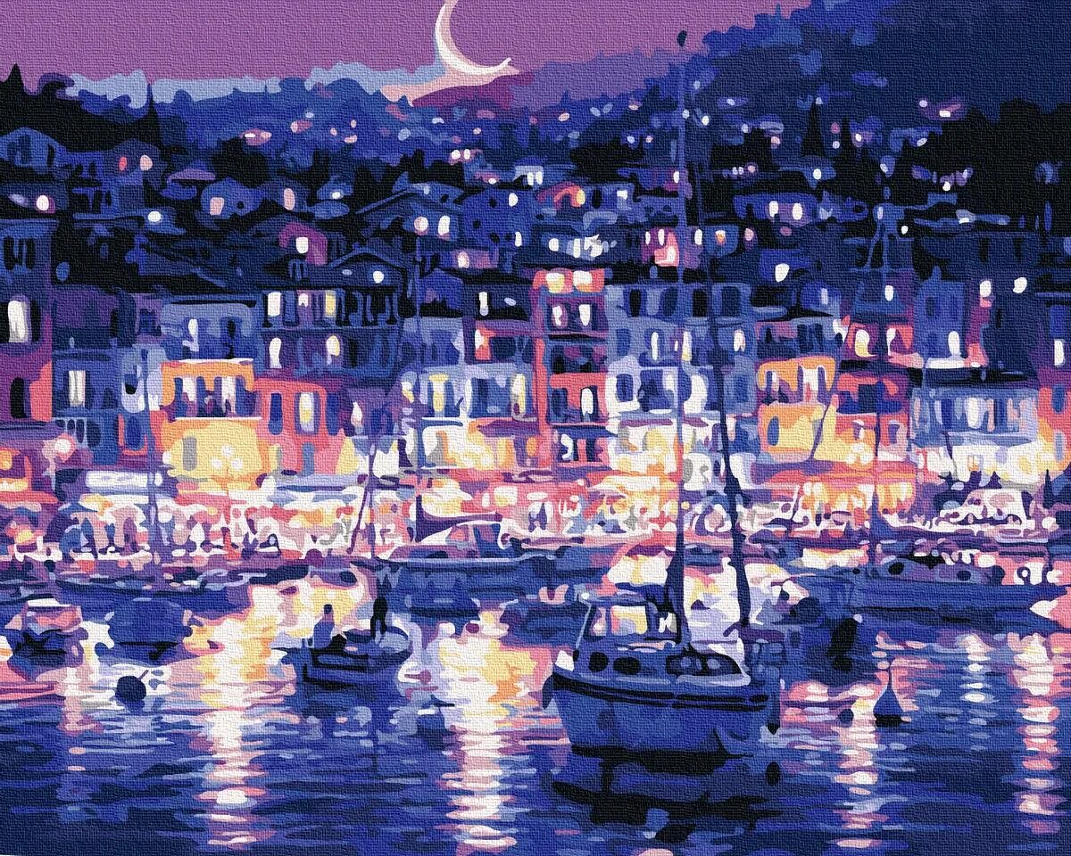 Картинки по номерам. Хоббарт ночная гавань. Ночной город красками. Картина город у моря. Рисование по номерам на холсте.