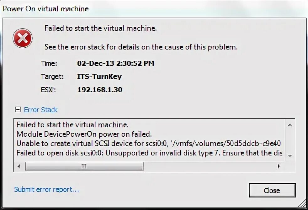 Failed to power on virtual machines