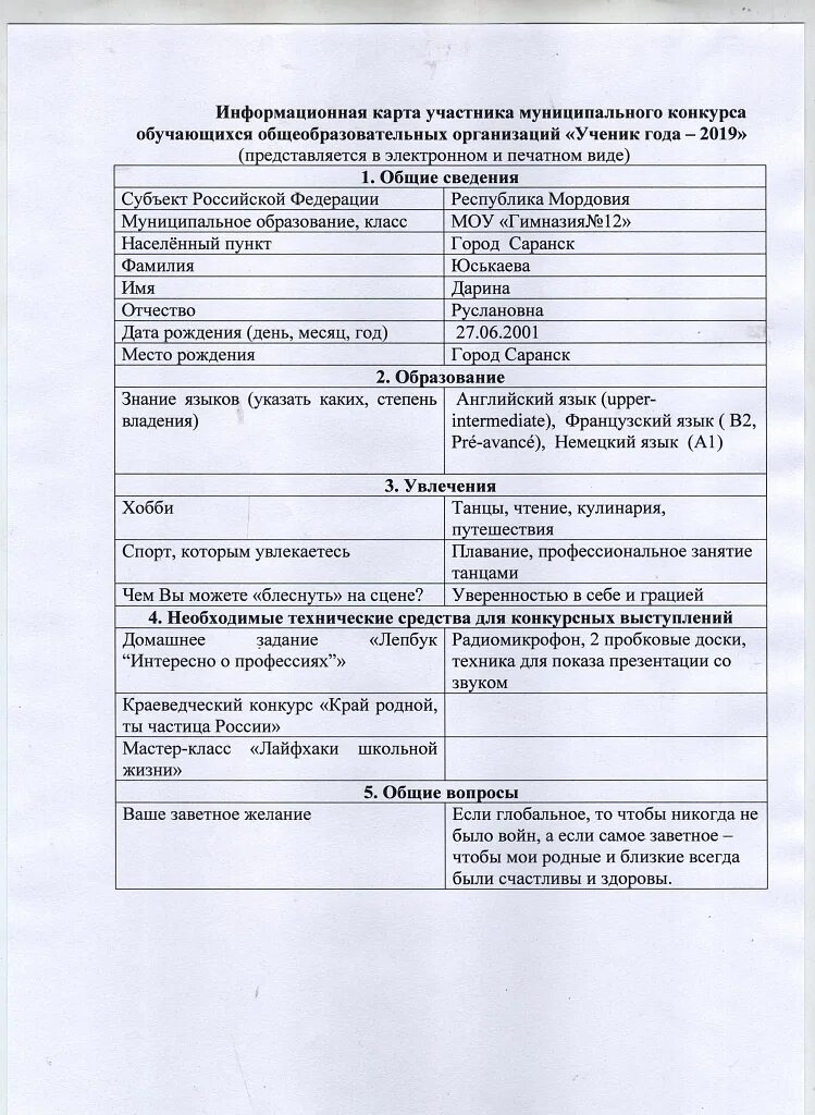 Информационная карта конкурса