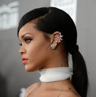 Conch Piercing, Rihanna Side Ponytail Hairstyles, Curly Hair Ponytail, Side...