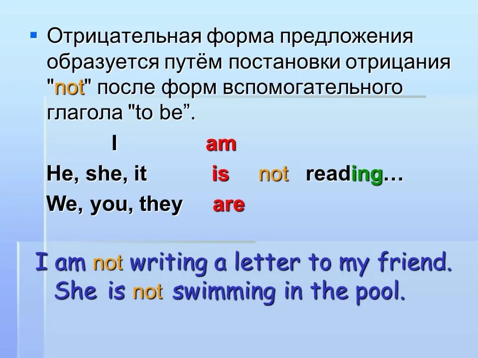 Форма предложения. Отрицательная форма. Негативная форма предложения. Вспомогательные глаголы презент прогрессив. Поставить английское предложение в отрицательную форму