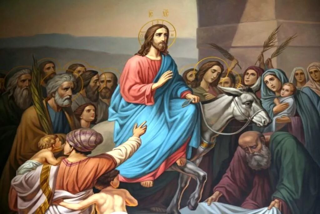Вход иисуса в иерусалим вербное воскресенье. Иисус въезжает в иерусалим на осле. Вхождение иисуса в иерусалим вербное воскресенье. Входит христа в иерусалиме. Картина пальмовое воскресенье (вход господень в иерусалим).
