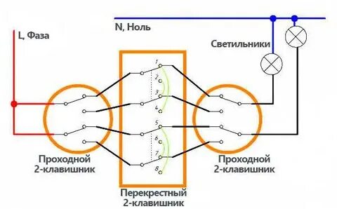 Схема двухклавишный проходной трех места