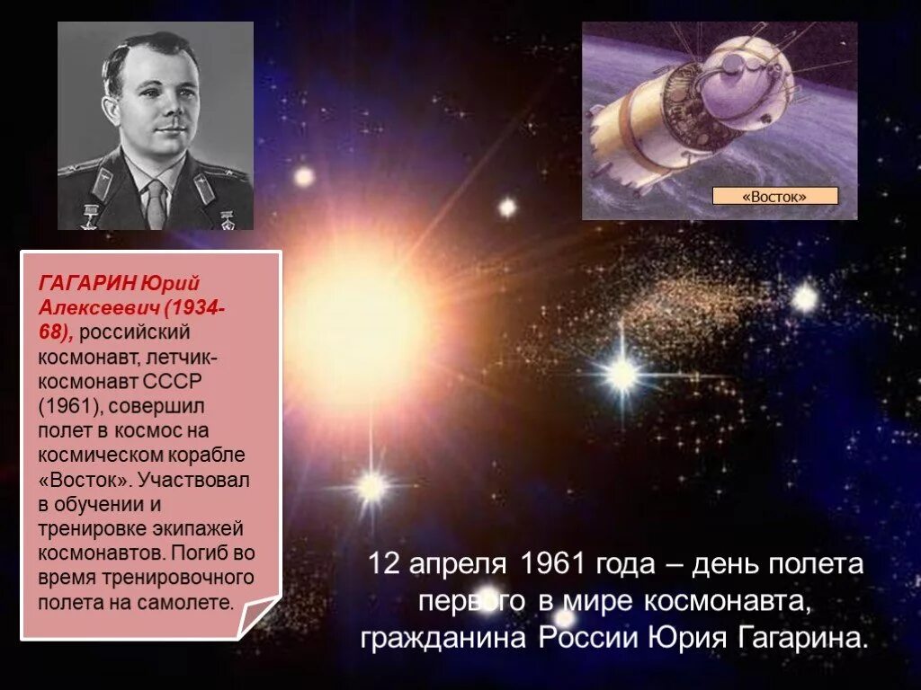 Презентация полет человека в космос. 12 Апреля 1961 года, полет Юрия Алексеевича Гагарина.