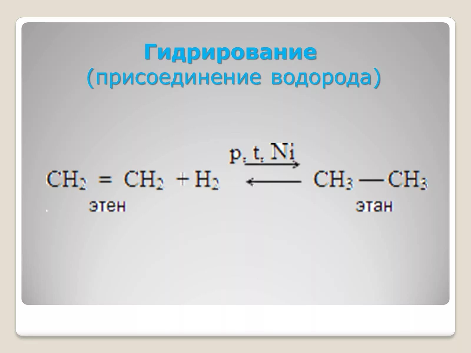 Этан и водород реакция. Гидрирование присоединение водорода. Взаимодействие этена с водородом уравнение. Взаимодействиеэтэна с водлродлм. Этан и водород.