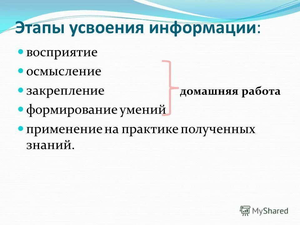 Восприятие, осмысление, запоминание, закрепление, применение. Закономерности процесса усвоения. Проблемы и задачи. Восприятие–осмысление–запоминание–применение–обобщение. Этапы усвоения.