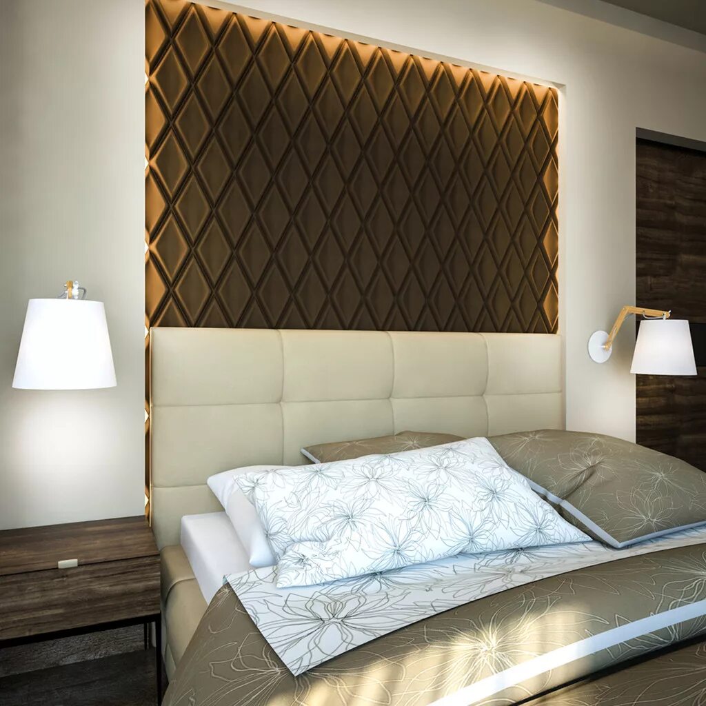 Кровать с мягким изголовьем. Спальня в современном стиле. Мягкие панели в спальне. Мягкие стеновые панели с подсветкой. Кровать с мягким изголовьем.