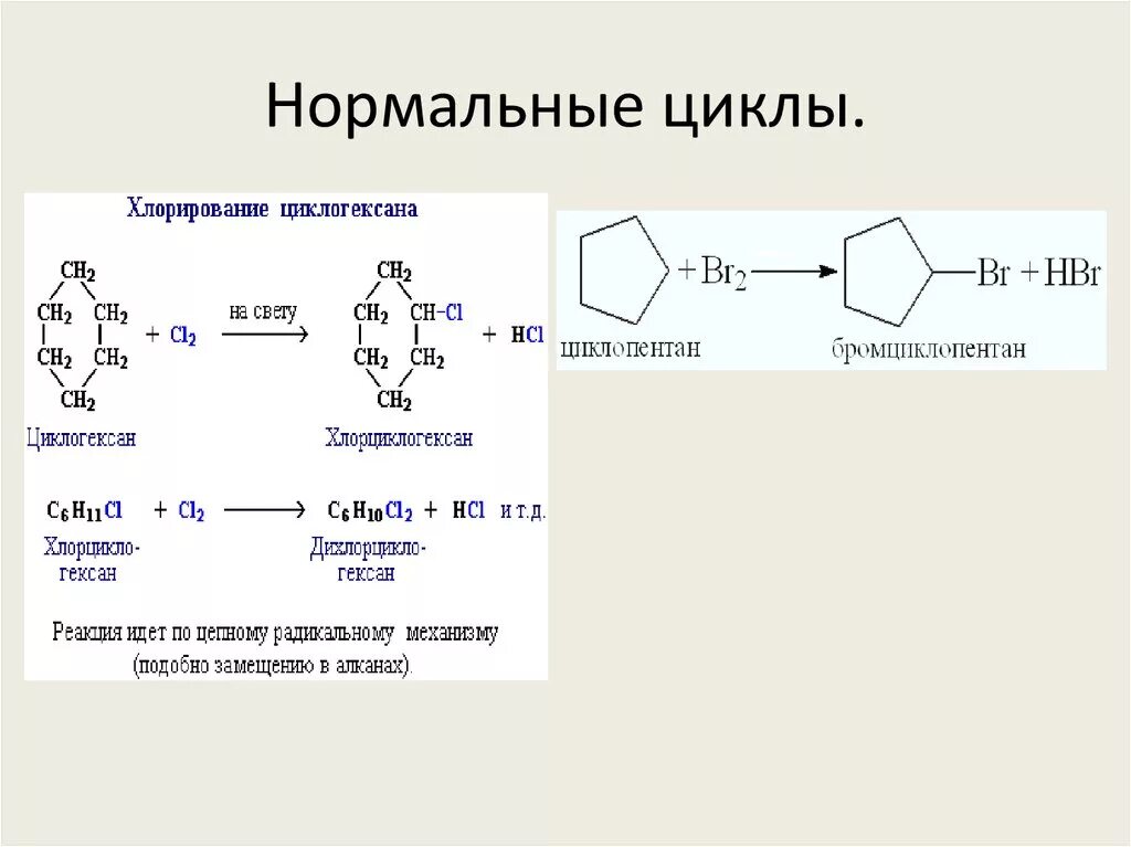 Что образуется при хлорировании. Циклоалканы механизм реакции. Нормальные циклы Циклоалканы. Реакции с циклами. Реакция расширения цикла.